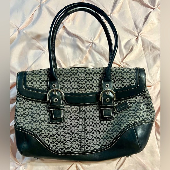 Coach black/grey Signature Soho Canvas and Leather Flap Buckle Satchel - Picture 2 of 14
